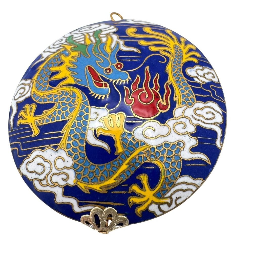Cloisonne Vtg Enamel Dragon Blue Bead Clouds Fire 2" Diameter Gold-Tone Trim